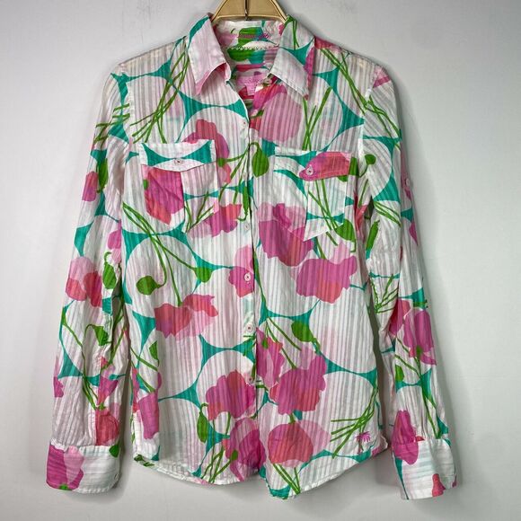 Lilly Pulitzer Eliot Floral Button Down Metallic Cotton Long‎ Sleeve Size S - Picture 1 of 10